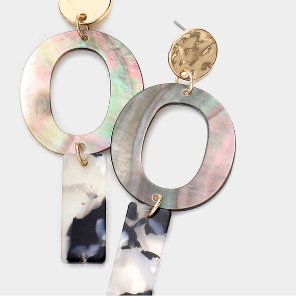 Geometric abalone acetate link dangle earrings - Picture 2 of 3